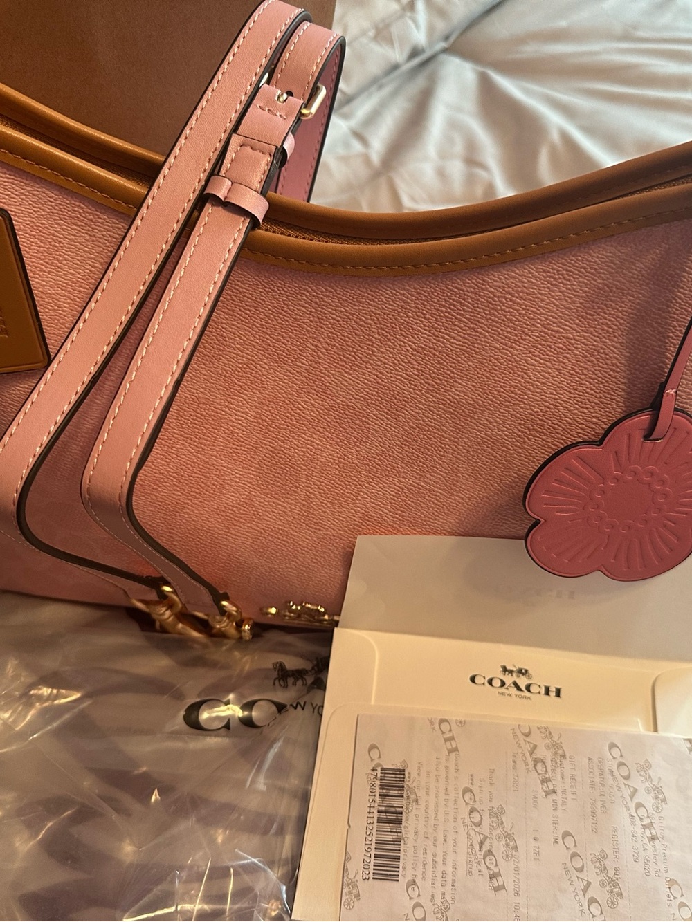 Coach Powder Pink Leather Shoulder Bag with Tan Trim and Flower Tag ! NWT!